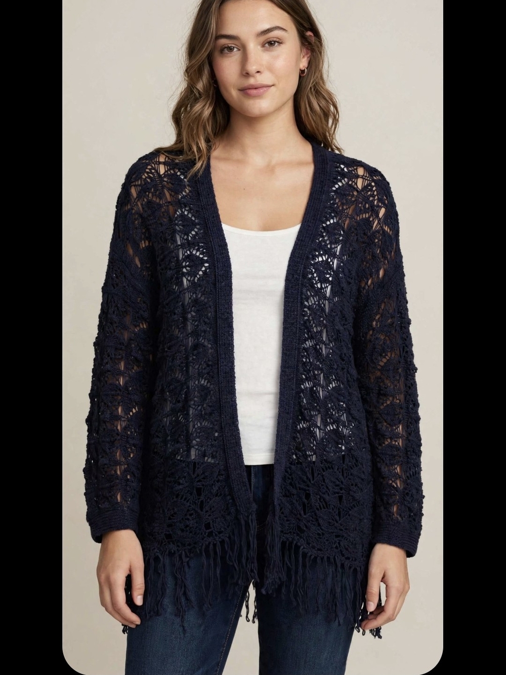 Cato Navy Crochet Fringe Open-Front Cardigan